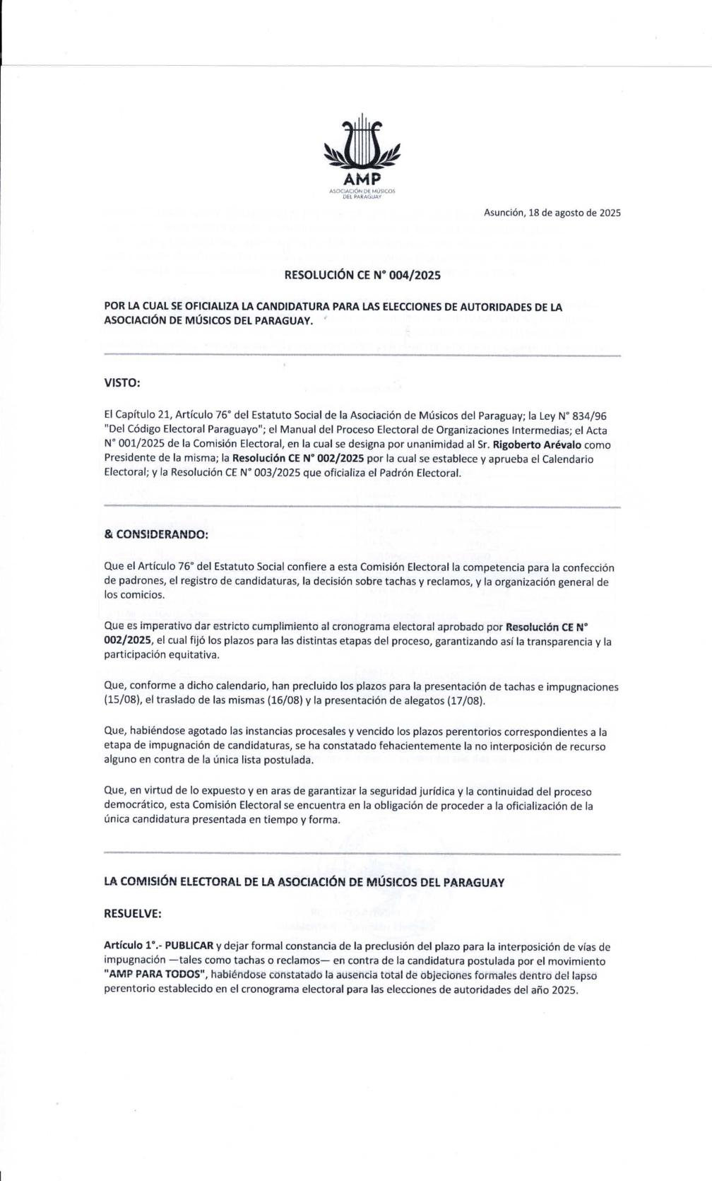 RESOLUCIÓN COMISIÓN ELECTORAL N° 004/2025